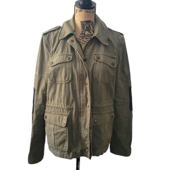 Levi's size 6 olive green cargo utility jacket, black faux leather elbow patches - Picture 1 of 8